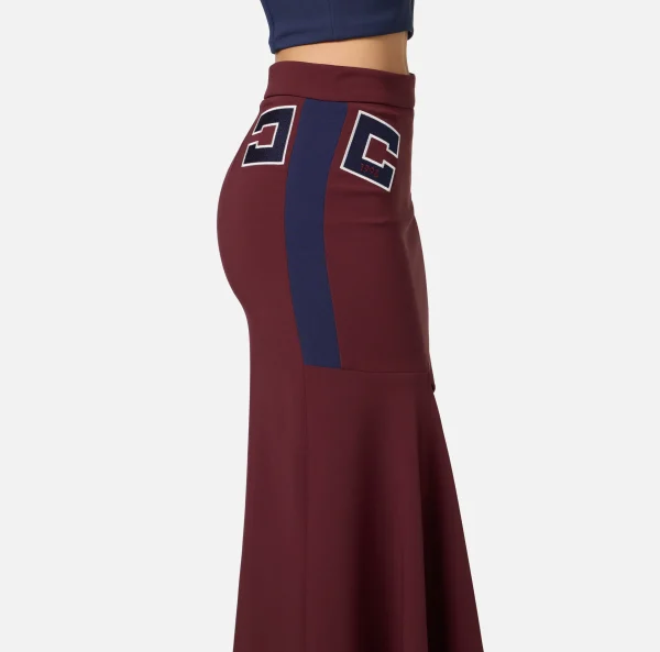 Elisabetta Franchi Gonne^Gonna asimmetrica in crêpe stretch con bande e ricamo logo Oro