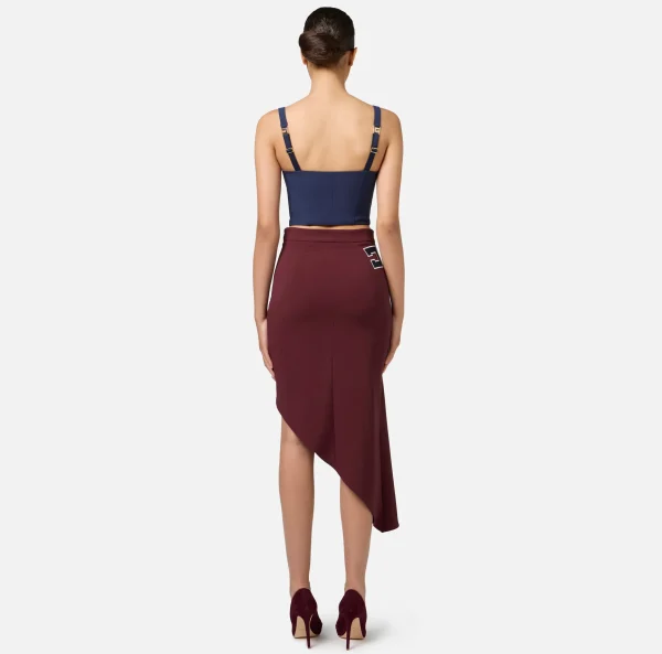 Elisabetta Franchi Gonne^Gonna asimmetrica in crêpe stretch con bande e ricamo logo Oro