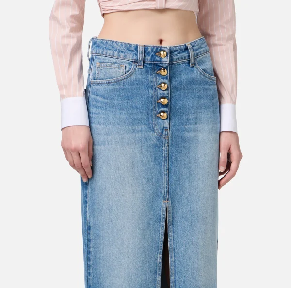 Elisabetta Franchi Gonne^Gonna lunga in denim con spacco Lightdenim
