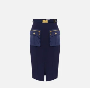 Elisabetta Franchi Tailleur | Gonne^Gonna midi in crêpe con tasche e cintura Navy