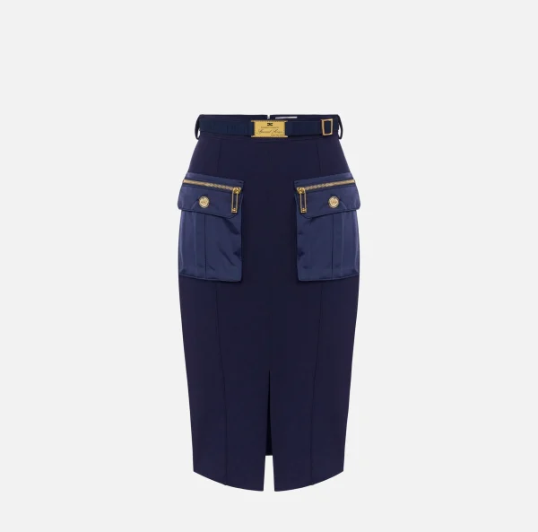 Elisabetta Franchi Tailleur | Gonne^Gonna midi in crêpe con tasche e cintura Navy