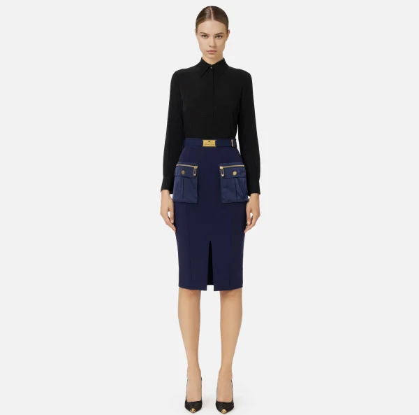 Elisabetta Franchi Tailleur | Gonne^Gonna midi in crêpe con tasche e cintura Navy