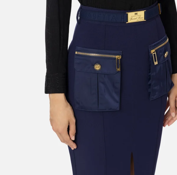 Elisabetta Franchi Tailleur | Gonne^Gonna midi in crêpe con tasche e cintura Navy