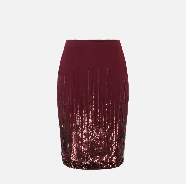 Elisabetta Franchi Gonne^Gonna midi in crêpe ricamato con paillettes RougeNoir