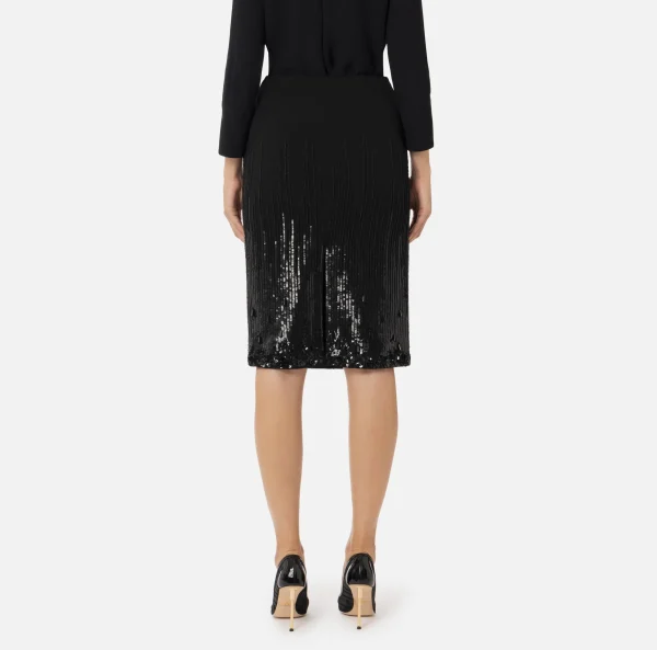Elisabetta Franchi Gonne^Gonna midi in crêpe ricamato con paillettes Nero