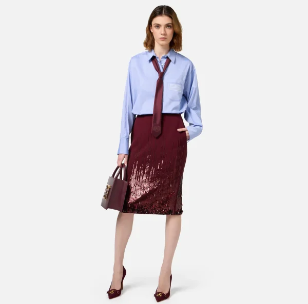 Elisabetta Franchi Gonne^Gonna midi in crêpe ricamato con paillettes RougeNoir