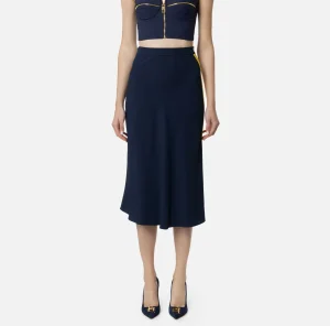 Elisabetta Franchi Gonne^Gonna midi in crêpe satin con bande Navy/Mimosa/Burro