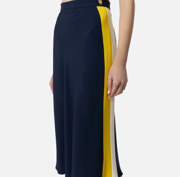 Elisabetta Franchi Gonne^Gonna midi in crêpe satin con bande Navy/Mimosa/Burro