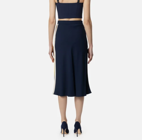 Elisabetta Franchi Gonne^Gonna midi in crêpe satin con bande Navy/Mimosa/Burro