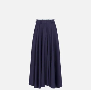 Elisabetta Franchi Gonne^Gonna midi in fresco lana con ricamo stemma Navy