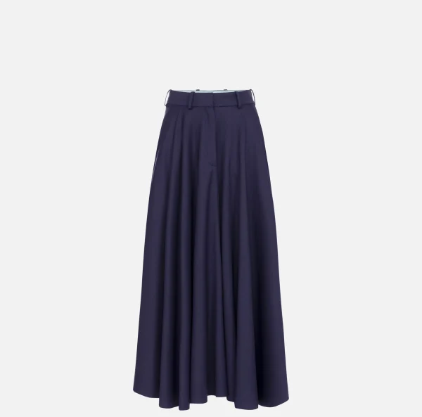 Elisabetta Franchi Gonne^Gonna midi in fresco lana con ricamo stemma Navy