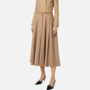 Elisabetta Franchi Gonne^Gonna midi in fresco lana con ricamo stemma Camel