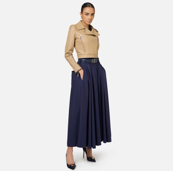 Elisabetta Franchi Gonne^Gonna midi in fresco lana con ricamo stemma Navy