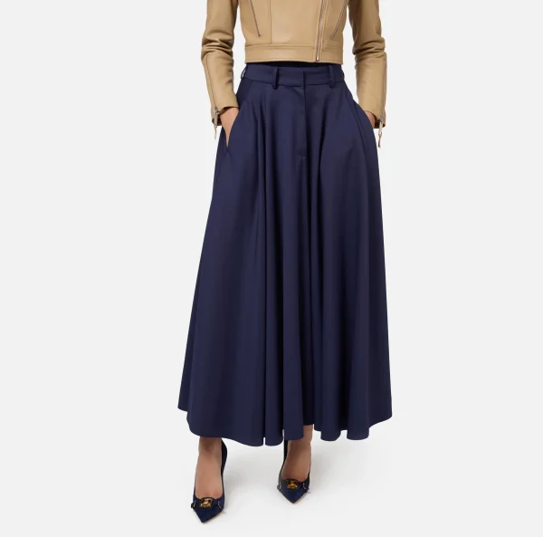 Elisabetta Franchi Gonne^Gonna midi in fresco lana con ricamo stemma Navy