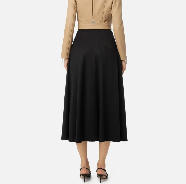 Elisabetta Franchi Gonne^Gonna midi in fresco lana con ricamo stemma Nero