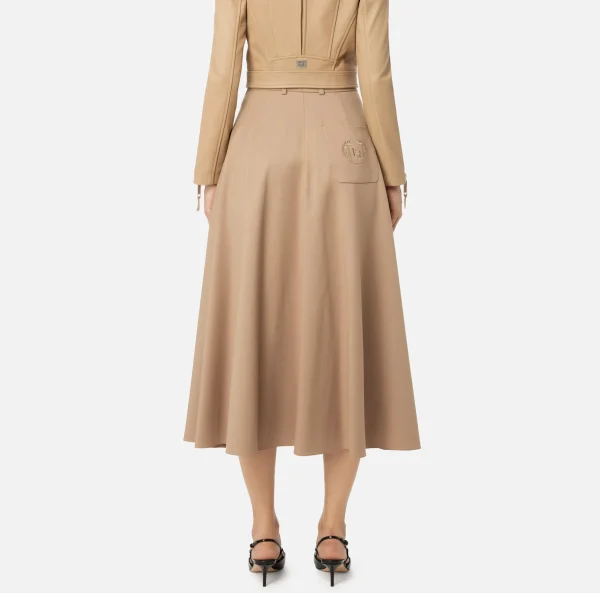 Elisabetta Franchi Gonne^Gonna midi in fresco lana con ricamo stemma Camel
