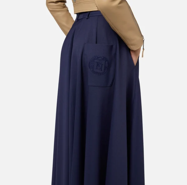 Elisabetta Franchi Gonne^Gonna midi in fresco lana con ricamo stemma Navy