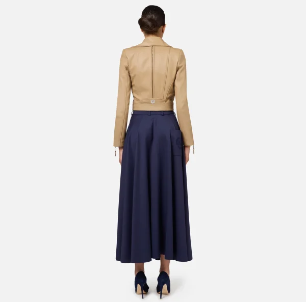 Elisabetta Franchi Gonne^Gonna midi in fresco lana con ricamo stemma Navy