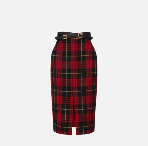 Elisabetta Franchi Gonne^Gonna midi in lana tartan con cintura Nero/RedPassion