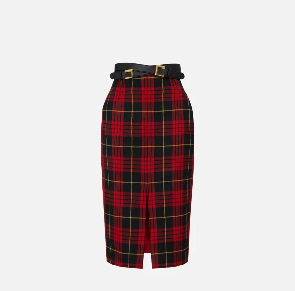 Elisabetta Franchi Gonne^Gonna midi in lana tartan con cintura Nero/RedPassion