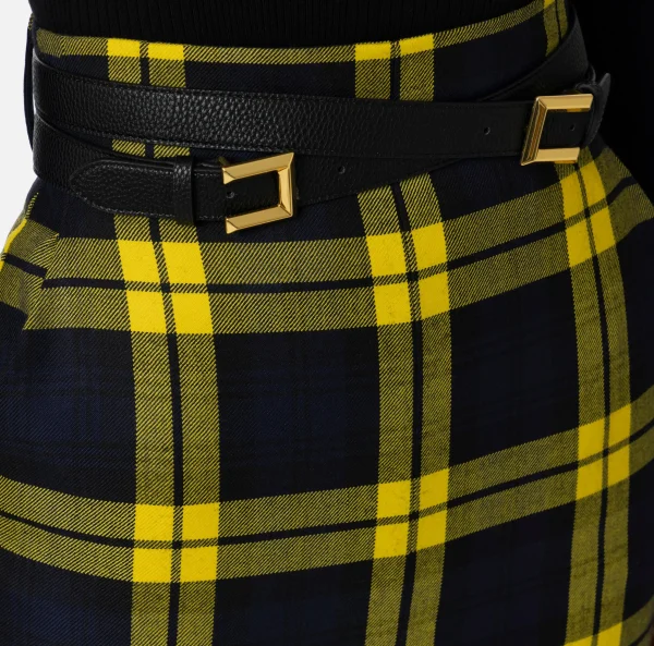Elisabetta Franchi Gonne^Gonna midi in lana tartan con cintura Navy/Mimosa