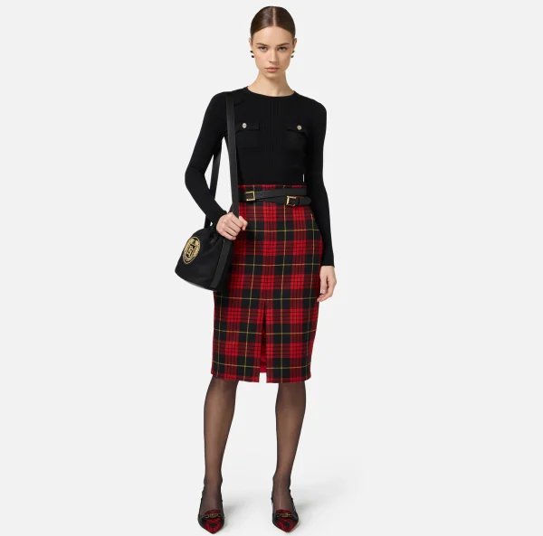 Elisabetta Franchi Gonne^Gonna midi in lana tartan con cintura Nero/RedPassion
