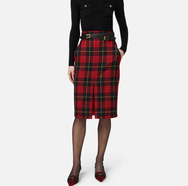 Elisabetta Franchi Gonne^Gonna midi in lana tartan con cintura Nero/RedPassion