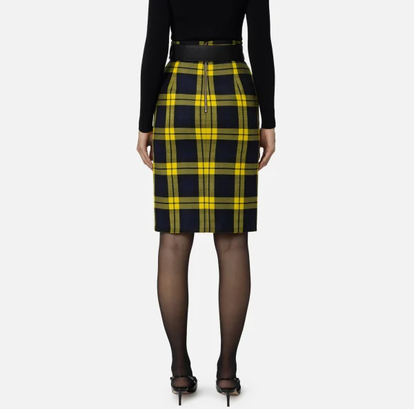 Elisabetta Franchi Gonne^Gonna midi in lana tartan con cintura Navy/Mimosa
