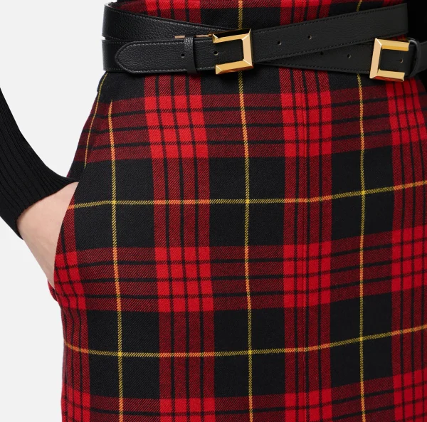 Elisabetta Franchi Gonne^Gonna midi in lana tartan con cintura Nero/RedPassion