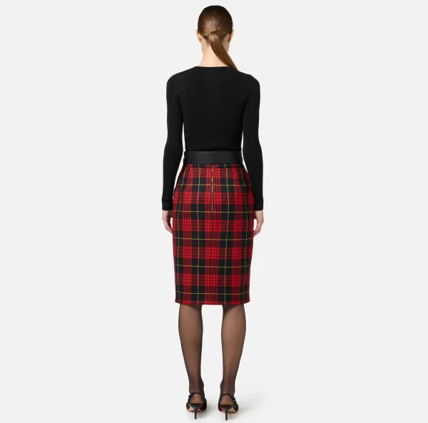 Elisabetta Franchi Gonne^Gonna midi in lana tartan con cintura Nero/RedPassion