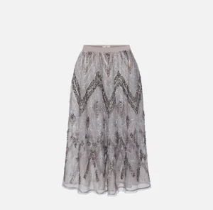 Elisabetta Franchi Gonne^Gonna midi in tulle con ricamo paillettes chevron Steel