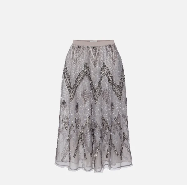 Elisabetta Franchi Gonne^Gonna midi in tulle con ricamo paillettes chevron Steel