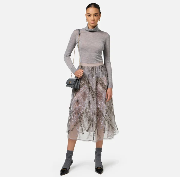 Elisabetta Franchi Gonne^Gonna midi in tulle con ricamo paillettes chevron Steel