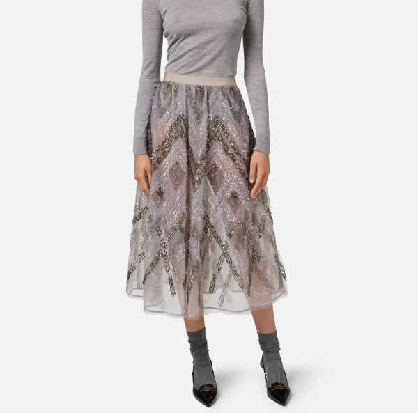 Elisabetta Franchi Gonne^Gonna midi in tulle con ricamo paillettes chevron Steel