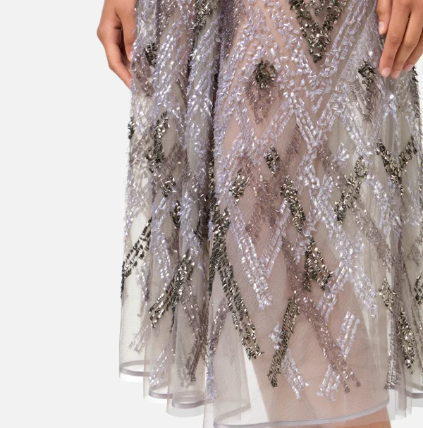 Elisabetta Franchi Gonne^Gonna midi in tulle con ricamo paillettes chevron Steel