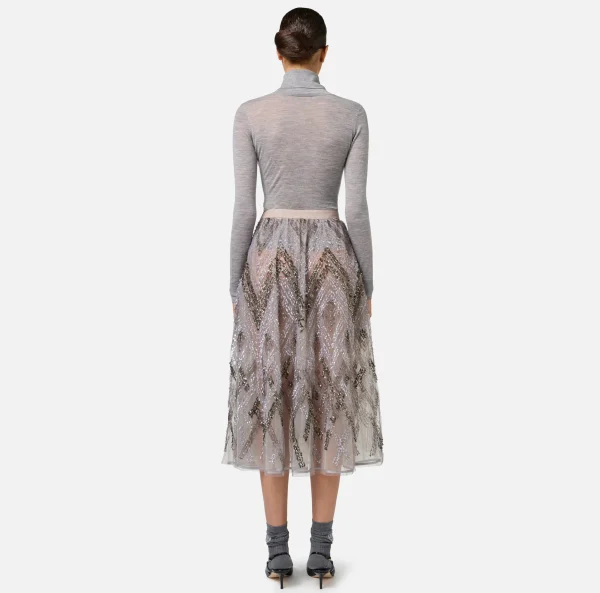 Elisabetta Franchi Gonne^Gonna midi in tulle con ricamo paillettes chevron Steel
