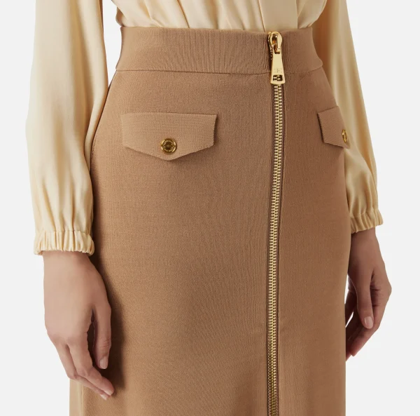 Elisabetta Franchi Gonne^Gonna midi in viscosa con zip Camel