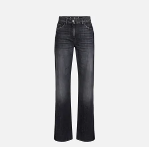 Elisabetta Franchi Jeans^Jeans a gamba larga in cotone organico con bande in raso Blackdenim