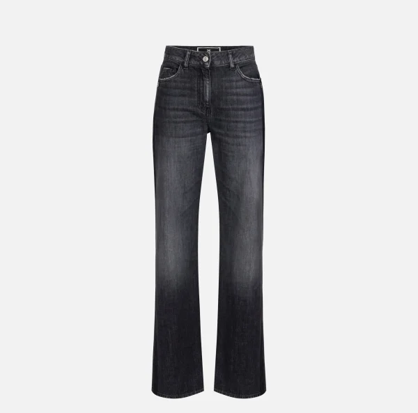 Elisabetta Franchi Jeans^Jeans a gamba larga in cotone organico con bande in raso Blackdenim