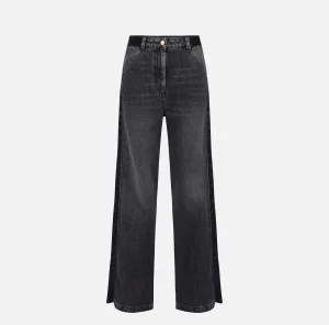 Elisabetta Franchi Jeans^Jeans a gamba larga in cotone con inserti in nylon Blackdenim