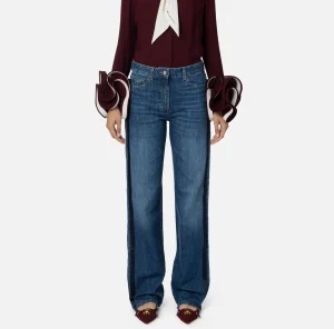 Elisabetta Franchi Jeans^Jeans a gamba larga in cotone organico con bande in raso Bluedenim