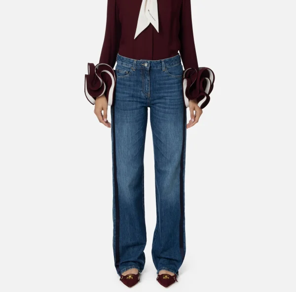 Elisabetta Franchi Jeans^Jeans a gamba larga in cotone organico con bande in raso Bluedenim
