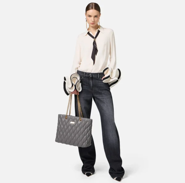 Elisabetta Franchi Jeans^Jeans a gamba larga in cotone organico con bande in raso Blackdenim