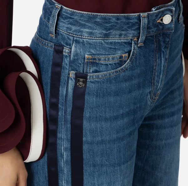 Elisabetta Franchi Jeans^Jeans a gamba larga in cotone organico con bande in raso Bluedenim
