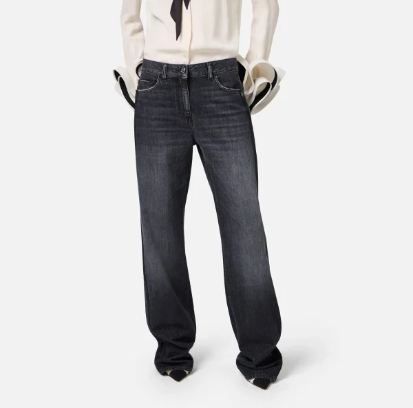 Elisabetta Franchi Jeans^Jeans a gamba larga in cotone organico con bande in raso Blackdenim