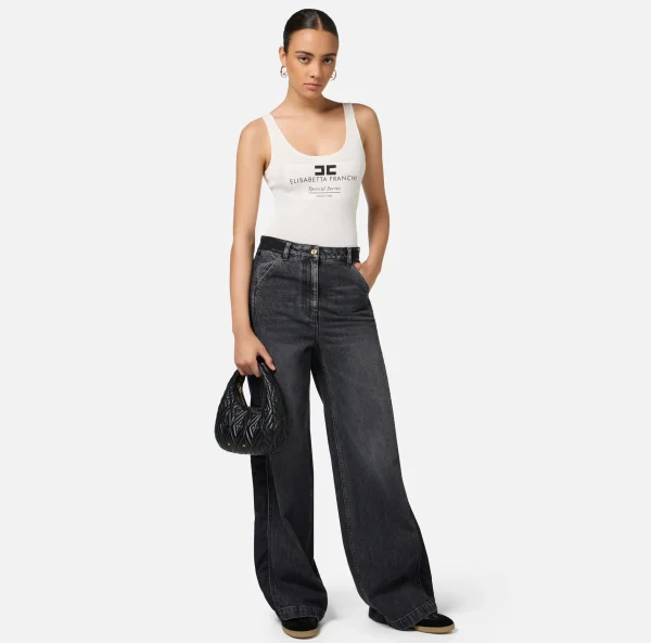 Elisabetta Franchi Jeans^Jeans a gamba larga in cotone con inserti in nylon Blackdenim