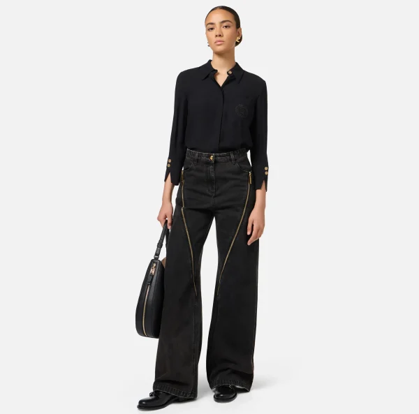 Elisabetta Franchi Jeans^Jeans a gamba larga in cotone con zip Nero