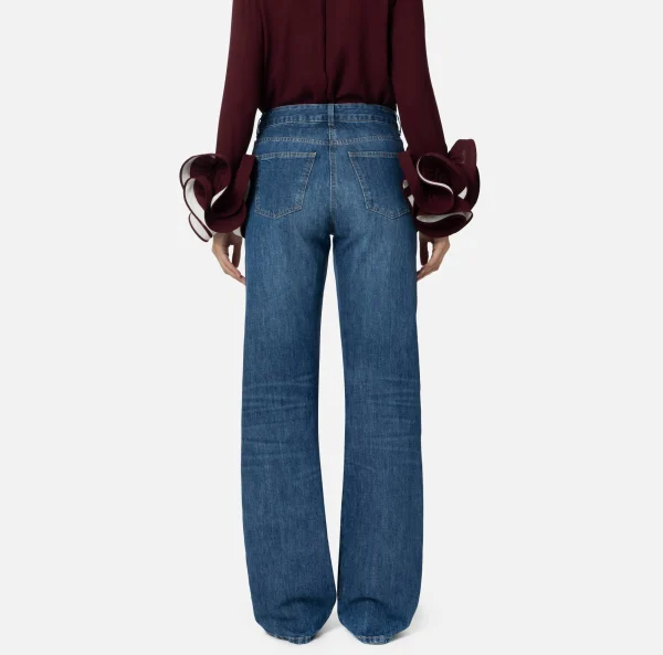 Elisabetta Franchi Jeans^Jeans a gamba larga in cotone organico con bande in raso Bluedenim