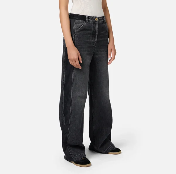 Elisabetta Franchi Jeans^Jeans a gamba larga in cotone con inserti in nylon Blackdenim