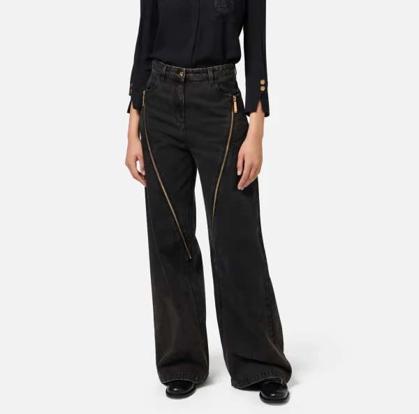 Elisabetta Franchi Jeans^Jeans a gamba larga in cotone con zip Nero
